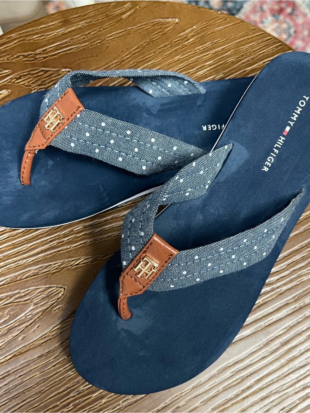 Tommy Hilfiger Navy Flip-Flop Sandals with Denim-Style Straps and Brown Trim